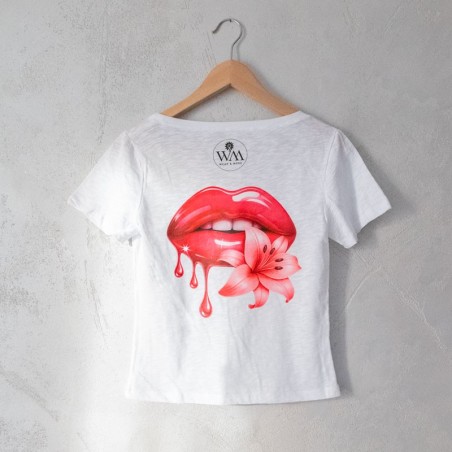 T-shirt donna bianca scollo rotondo bordato giglio