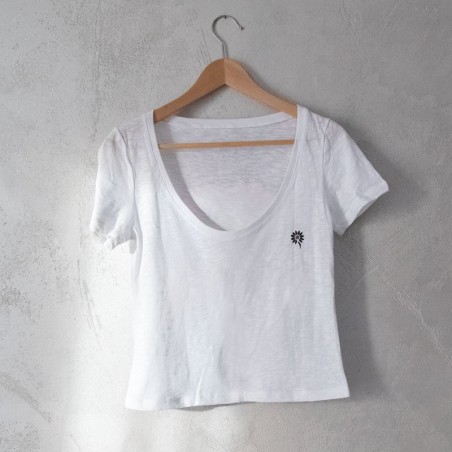 T-shirt donna bianca scollo rotondo bordato giglio